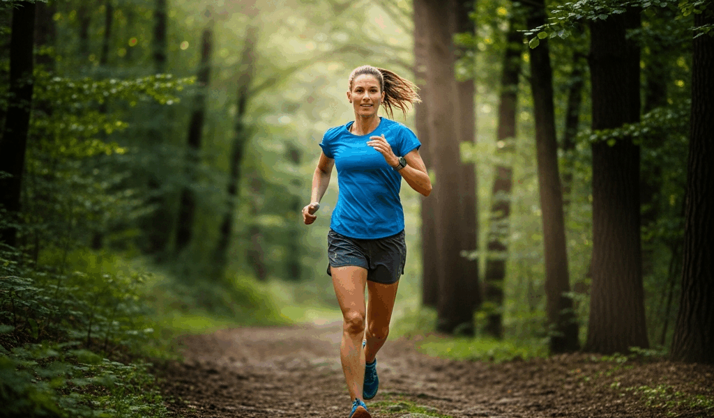 beginner trail runner jogging on wide forest dirt path through trees
