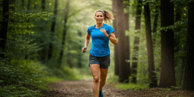 beginner trail runner jogging on wide forest dirt path through trees