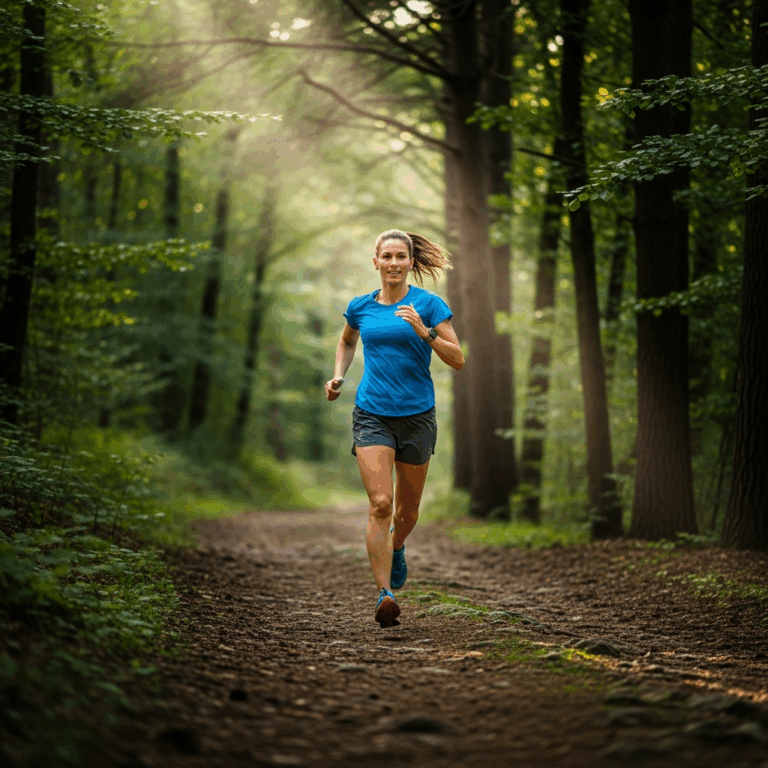 beginner trail runner jogging on wide forest dirt path through trees