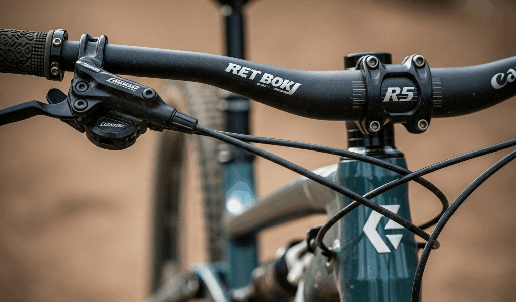 close-up of mountain bike handlebar cockpit setup, stems bars brake levers shifters