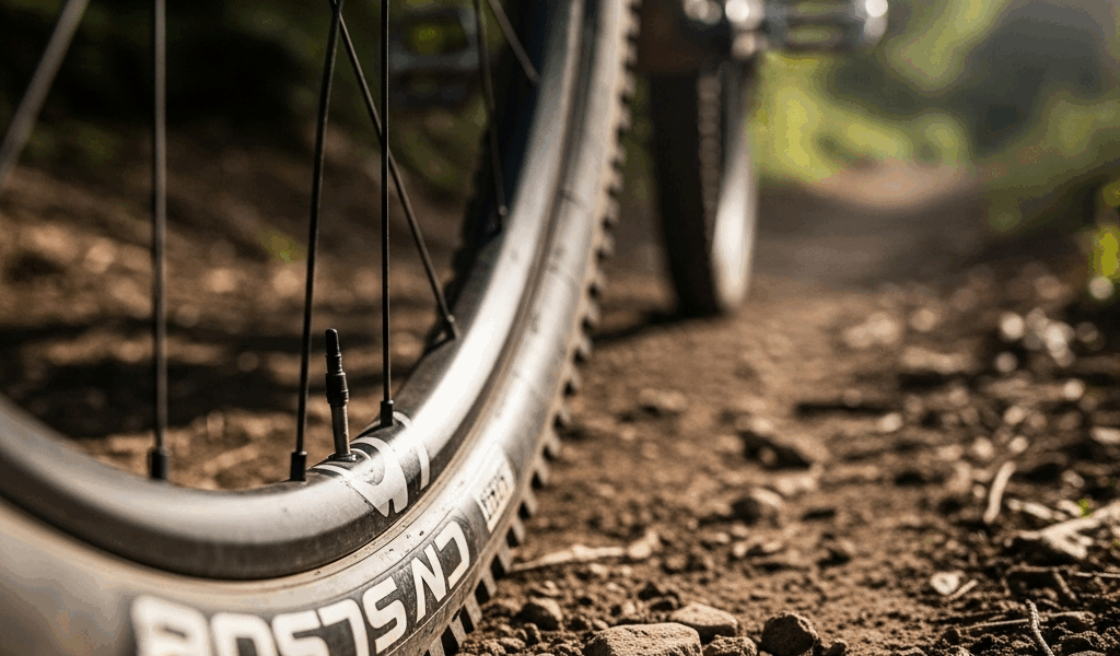 close-up of mountain bike tire tread knobs on dirt, aggressive lug pattern