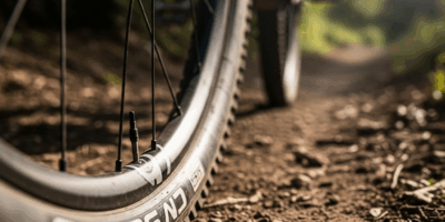 close-up of mountain bike tire tread knobs on dirt, aggressive lug pattern
