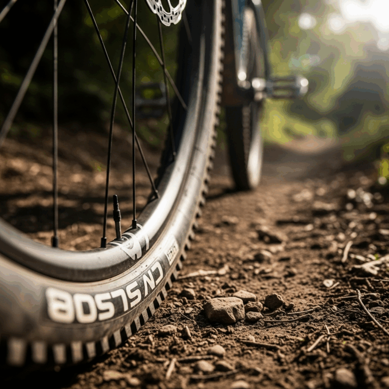 close-up of mountain bike tire tread knobs on dirt, aggressive lug pattern
