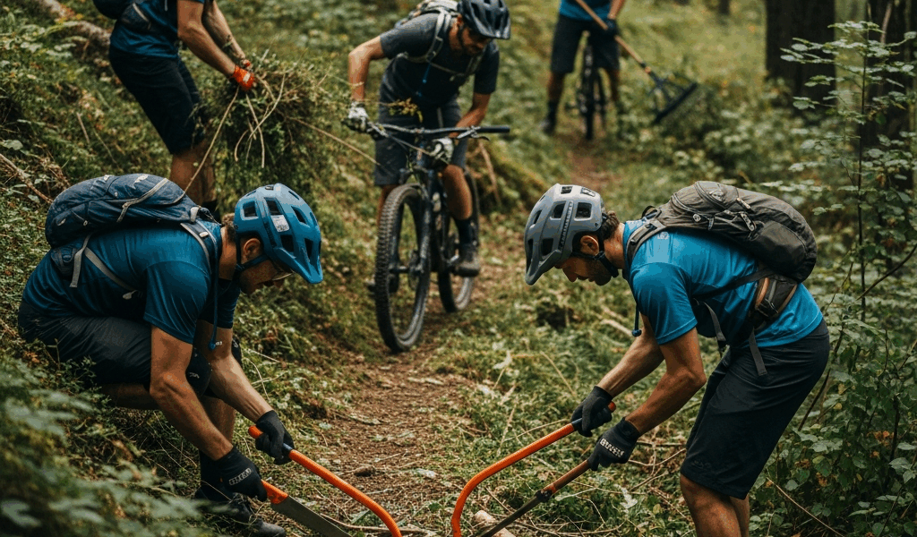 group of mountain bikers doing trail maintenance work clearing brush on singletrack