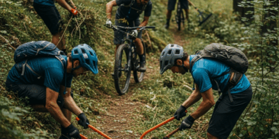 group of mountain bikers doing trail maintenance work clearing brush on singletrack