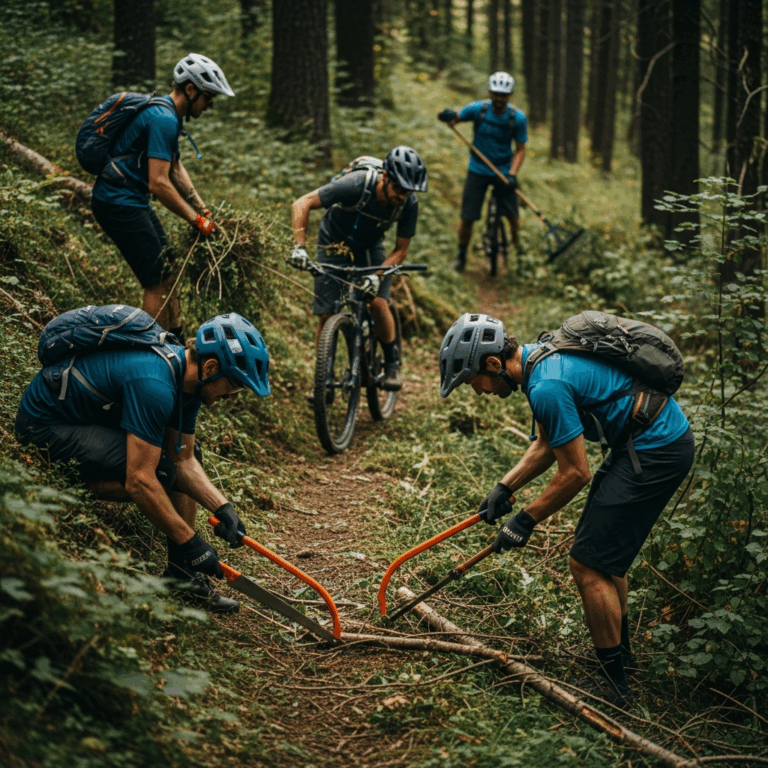 group of mountain bikers doing trail maintenance work clearing brush on singletrack