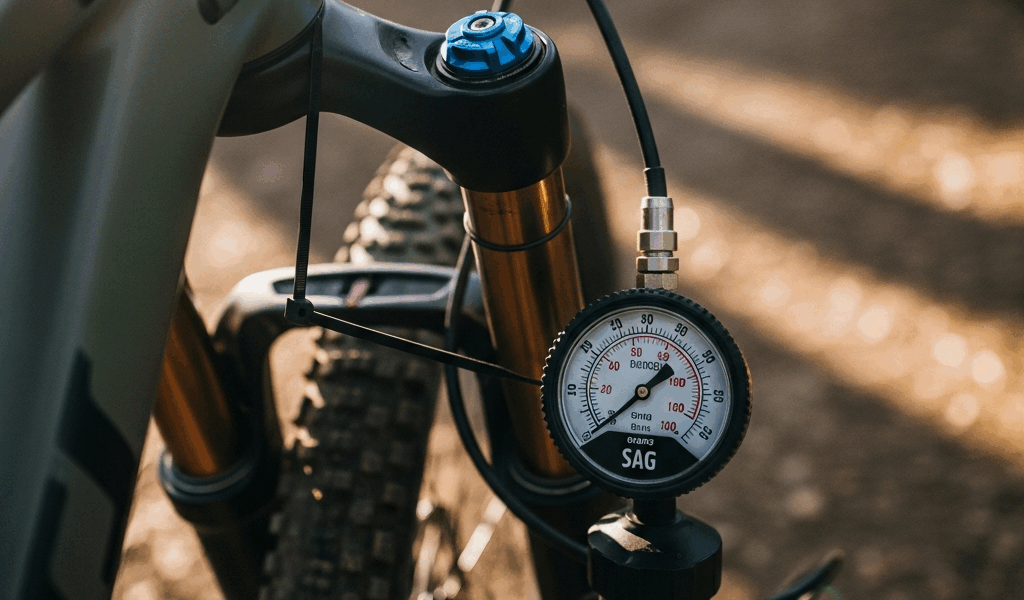 mountain bike front fork suspension close-up with shock pump measuring sag