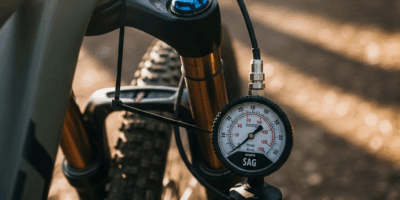 mountain bike front fork suspension close-up with shock pump measuring sag