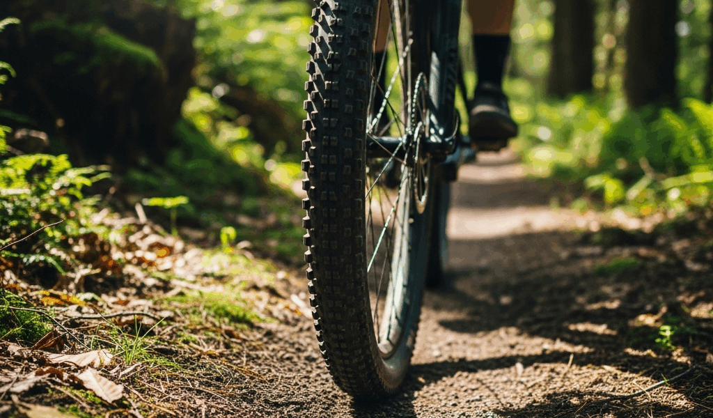 mountain bike tire rolling on clean natural singletrack forest trail, no trace left