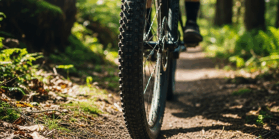 mountain bike tire rolling on clean natural singletrack forest trail, no trace left