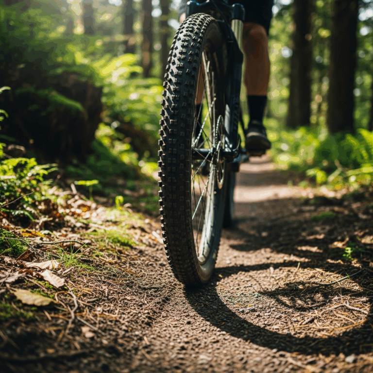 mountain bike tire rolling on clean natural singletrack forest trail, no trace left