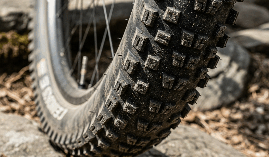 mountain bike tire tread close up showing aggressive knob pa 20260331 101701