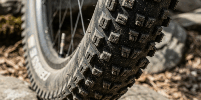 mountain bike tire tread close up showing aggressive knob pa 20260331 101701
