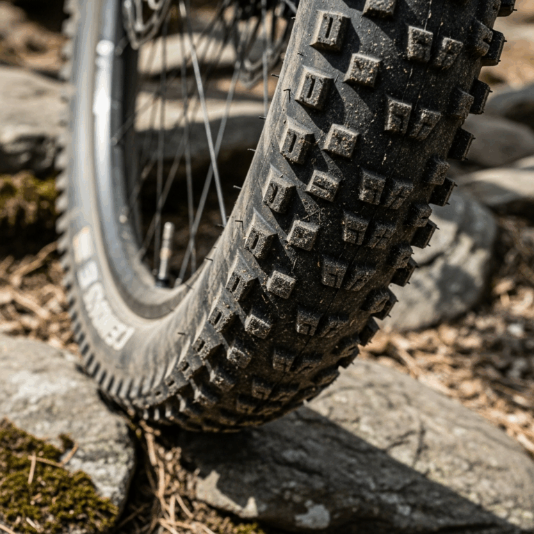 mountain bike tire tread close up showing aggressive knob pa 20260331 101701
