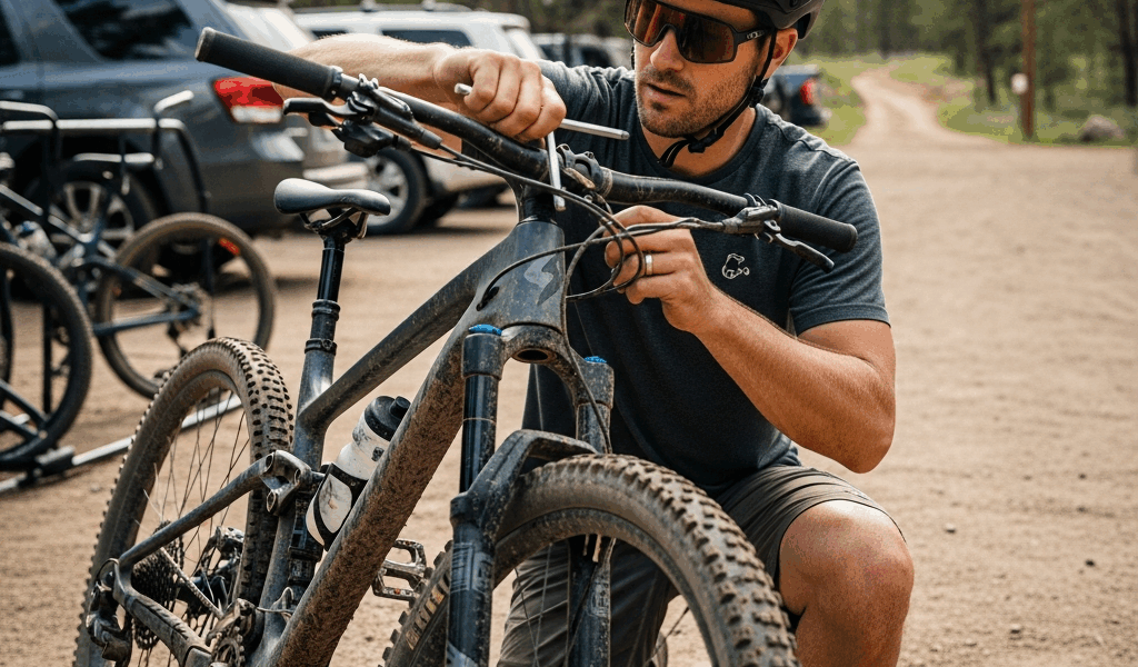 mountain biker adjusting handlebar stem on a trail bike usin 20260331 101709