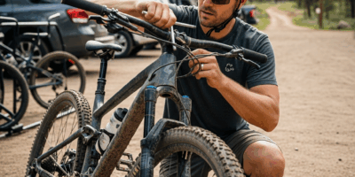 mountain biker adjusting handlebar stem on a trail bike usin 20260331 101709