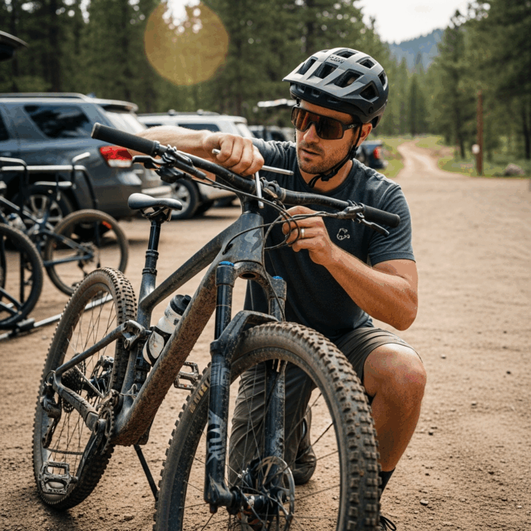 mountain biker adjusting handlebar stem on a trail bike usin 20260331 101709