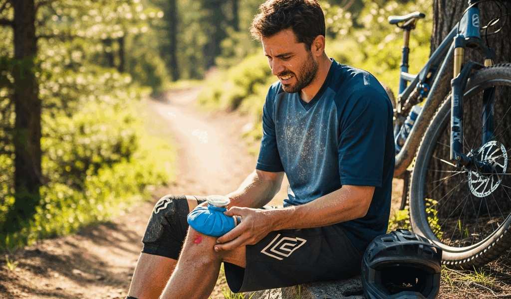 mountain biker applying ice pack to knee after riding, injury prevention