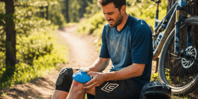 mountain biker applying ice pack to knee after riding, injury prevention