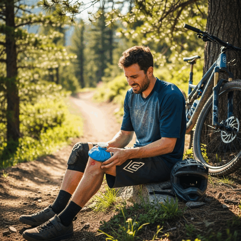 mountain biker applying ice pack to knee after riding, injury prevention