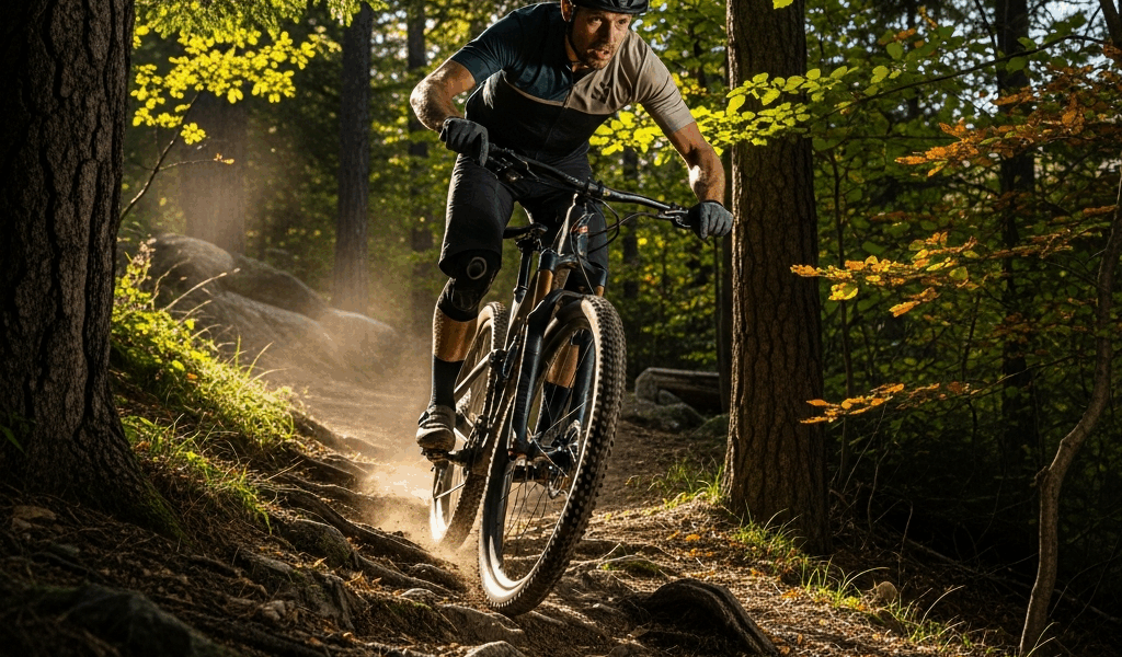 mountain biker climbing steep rocky forest trail with effort, endurance riding