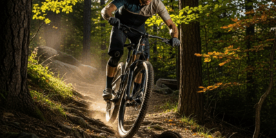 mountain biker climbing steep rocky forest trail with effort, endurance riding
