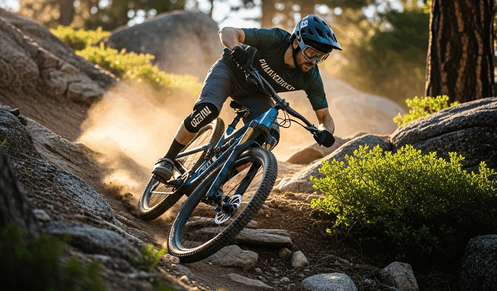 mountain biker descending fast technical trail with perfect focus and form, flow state