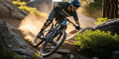mountain biker descending fast technical trail with perfect focus and form, flow state