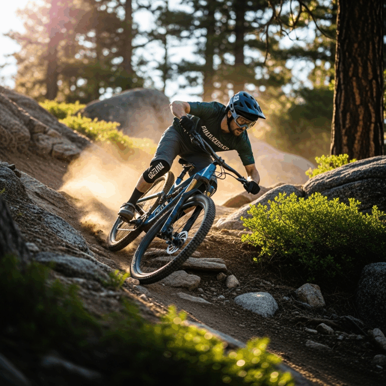 mountain biker descending fast technical trail with perfect focus and form, flow state