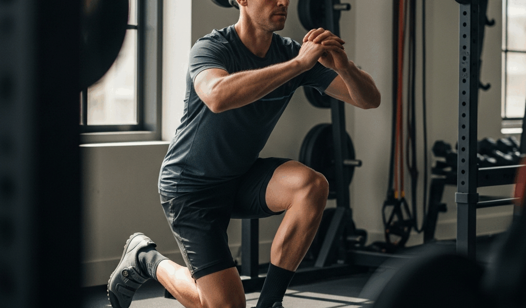 mountain biker doing single-leg squat in gym, athletic cross-training, strength