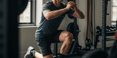 mountain biker doing single-leg squat in gym, athletic cross-training, strength