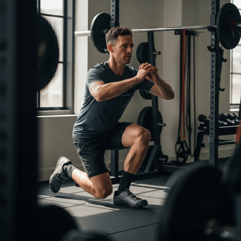 mountain biker doing single-leg squat in gym, athletic cross-training, strength