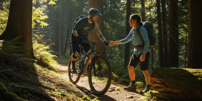 mountain biker on singletrack passing a hiker on a forest trail, polite trail interaction