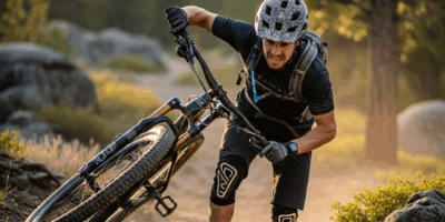 mountain biker picking up bike after a fall, determination to get back on, trail