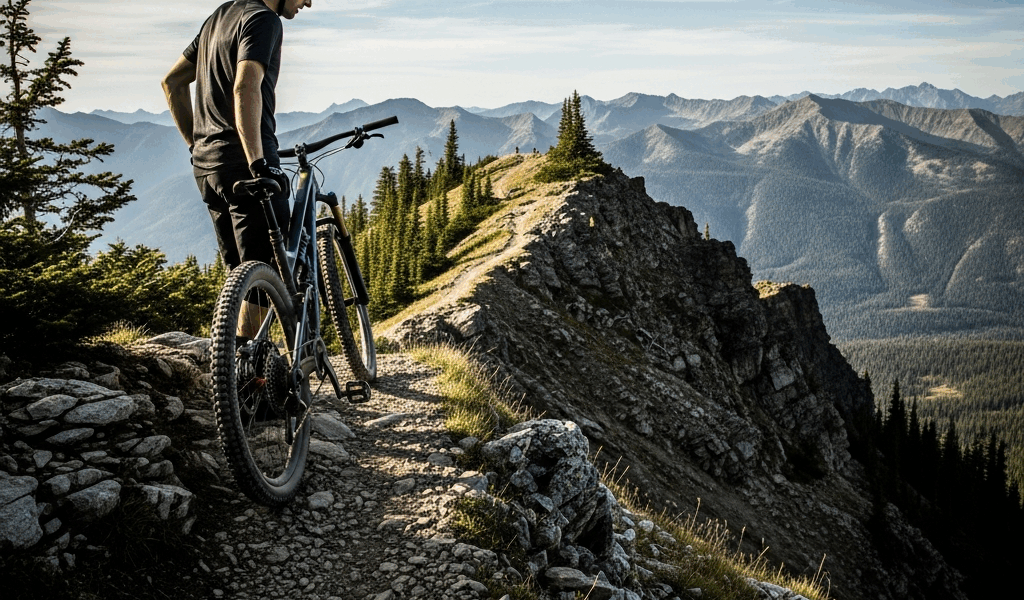 mountain biker standing at top of steep technical trail descent, looking down with focus