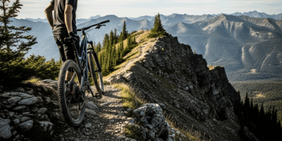 mountain biker standing at top of steep technical trail descent, looking down with focus
