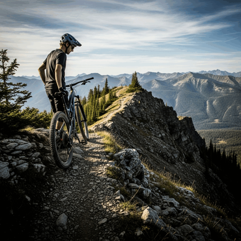 mountain biker standing at top of steep technical trail descent, looking down with focus