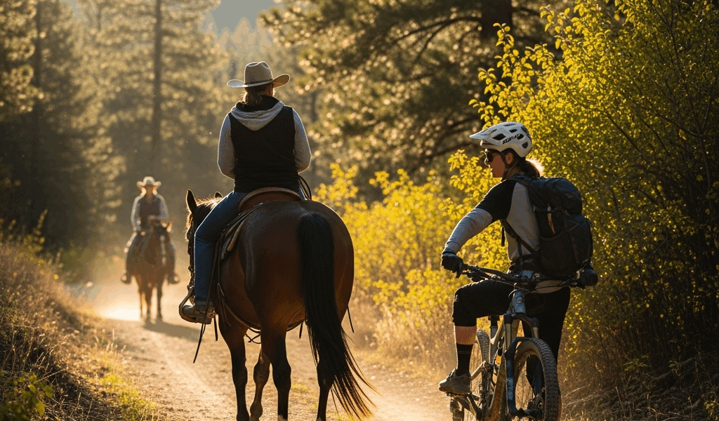 mountain biker stopped on trail waiting for a horse and rider to pass, multi-use trail