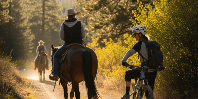 mountain biker stopped on trail waiting for a horse and rider to pass, multi-use trail
