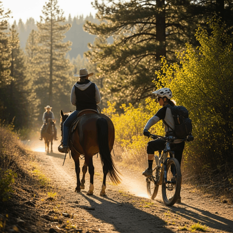 mountain biker stopped on trail waiting for a horse and rider to pass, multi-use trail