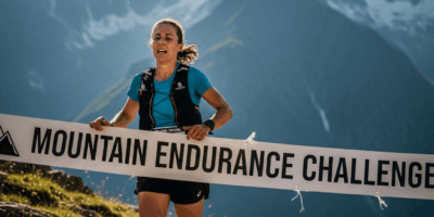 trail runner crossing mountain race finish line with mountains in background