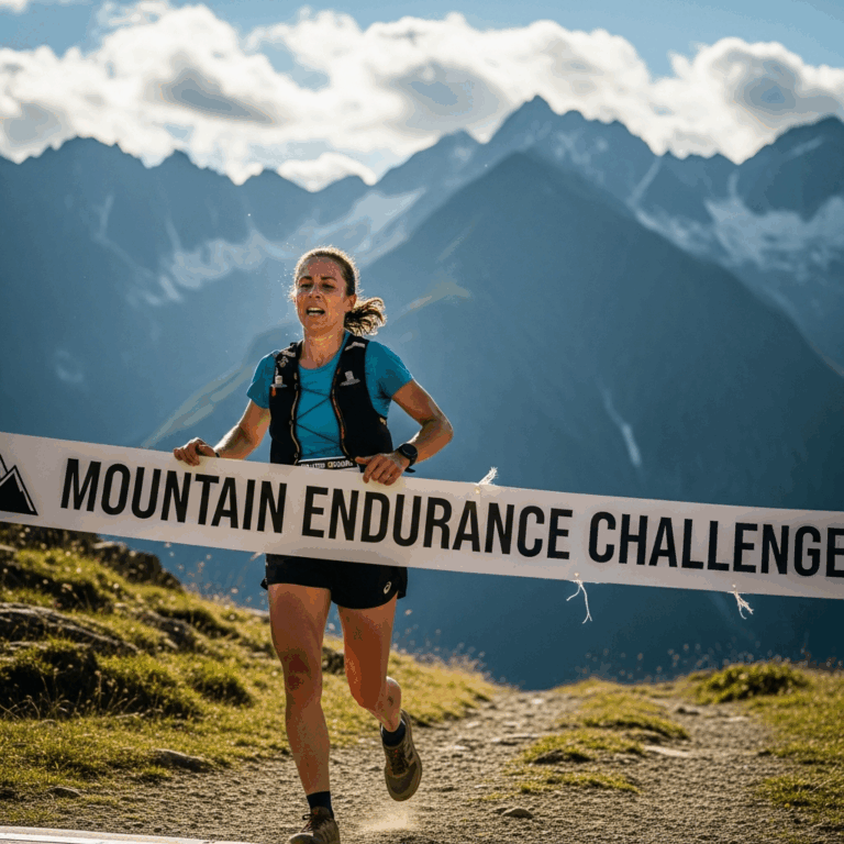 trail runner crossing mountain race finish line with mountains in background
