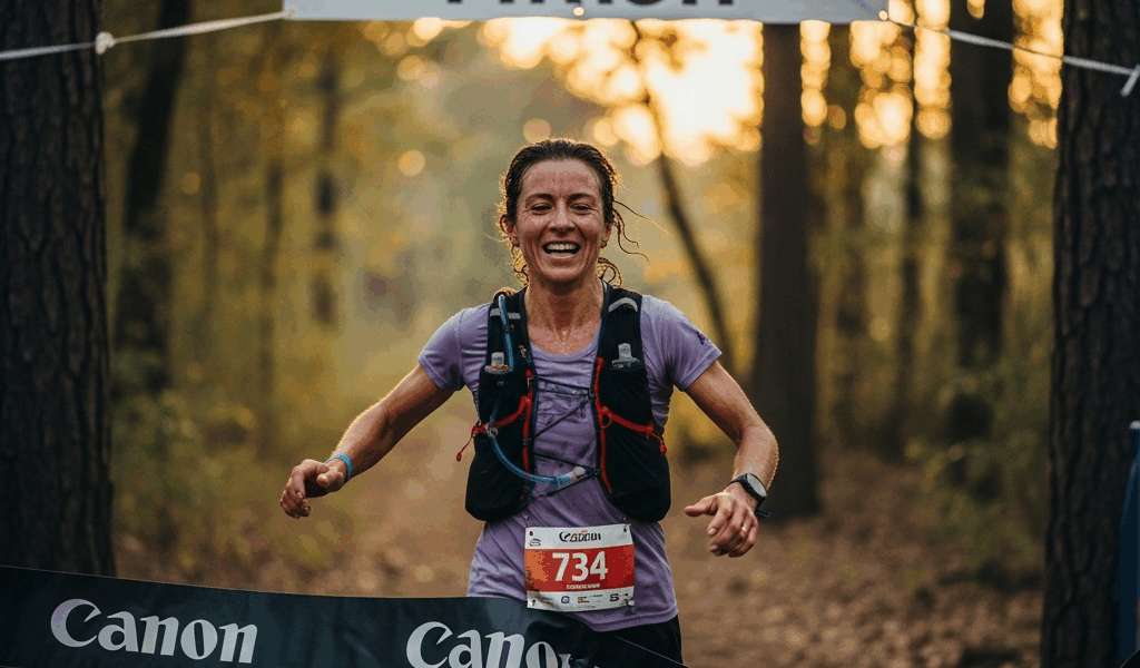 trail runner finishing ultramarathon race exhausted and triumphant crossing finish