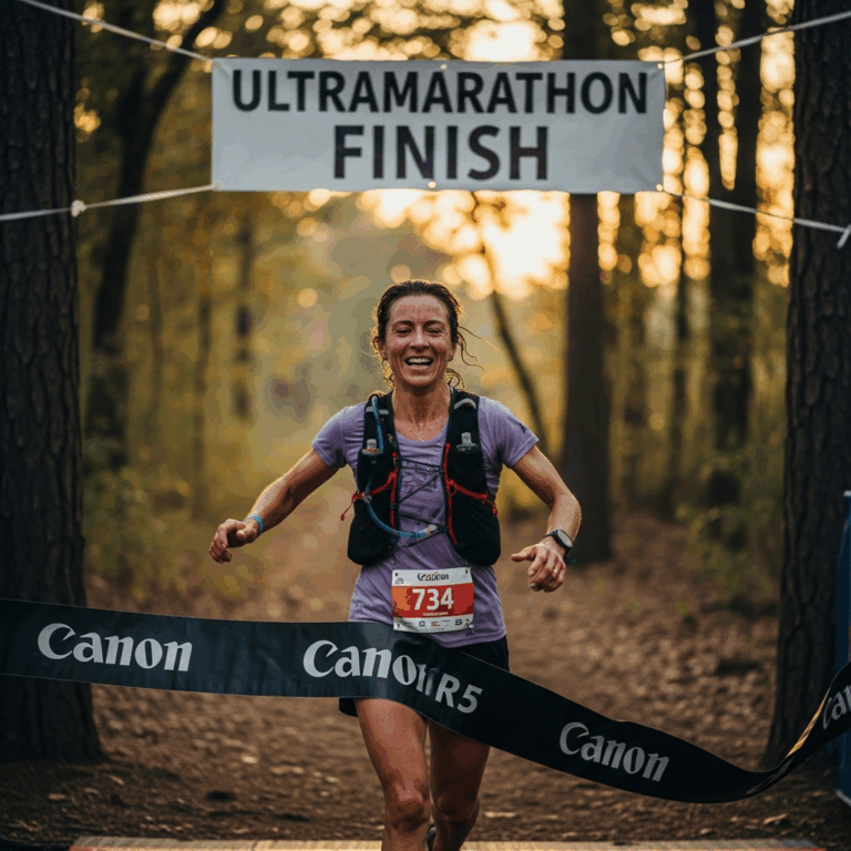 trail runner finishing ultramarathon race exhausted and triumphant crossing finish