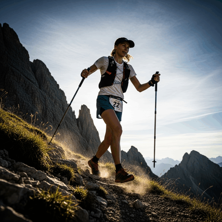 trail runner grinding up steep mountain trail with trekking poles, endurance