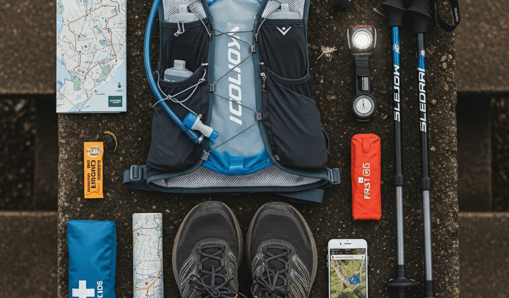 trail running gear flat lay - running vest hydration poles shoes headlamp organized