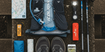 trail running gear flat lay - running vest hydration poles shoes headlamp organized