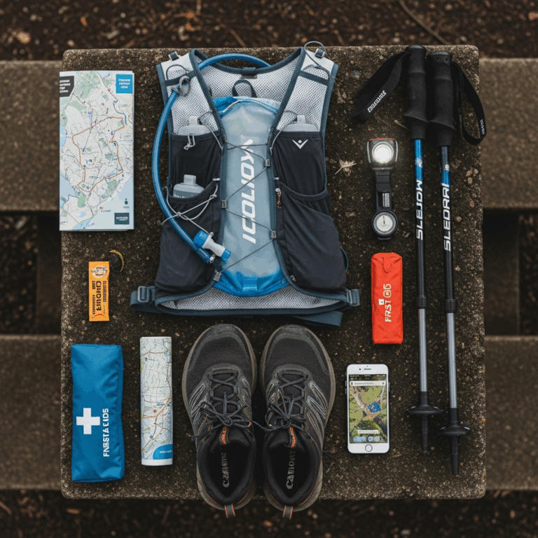 trail running gear flat lay - running vest hydration poles shoes headlamp organized