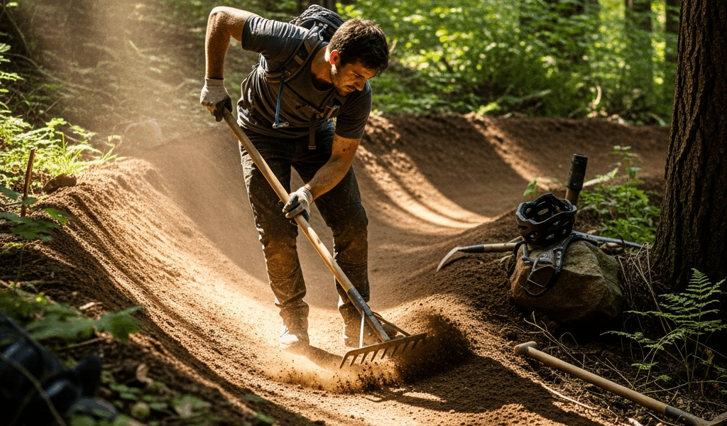 volunteer trail builder shaping a dirt berm with hand tools in a forest