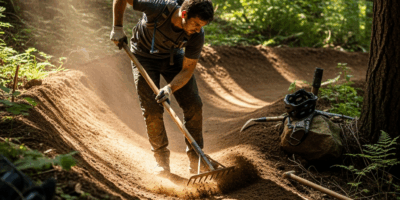volunteer trail builder shaping a dirt berm with hand tools in a forest